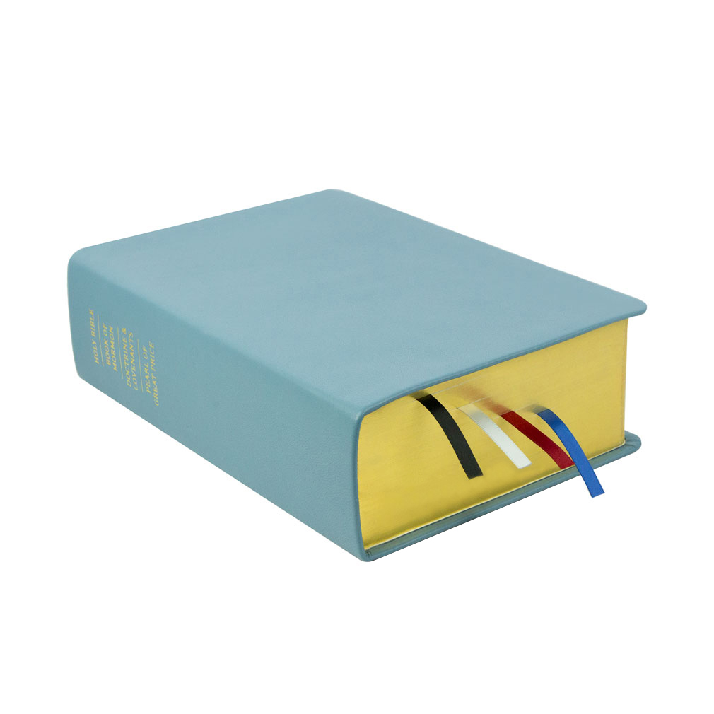 Large Blue LDS Scriptures | Leather Quad, Custom Name, Ribbon Qty